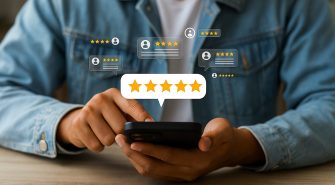 Person Reading Positive Customer Reviews on Smartphone Excellent Feedback Five Star Rating Mobile App User Experience Digital Technology Online Reputation Management Business Success Modern Lifestyle
